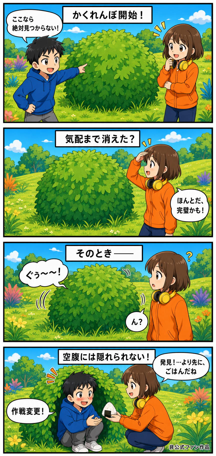 青いパーカーのソラが草むらに隠れるが、おなかの音で黄色いヘッドホンのミオに見つかり、おにぎりを渡される明るい縦長4コマ漫画。